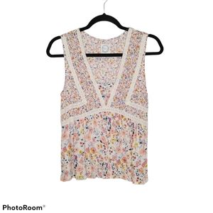 *Blue Rain Floral & Lace Bohemian V-Neck Tank Top Peasant Coastal Cottage Fairy